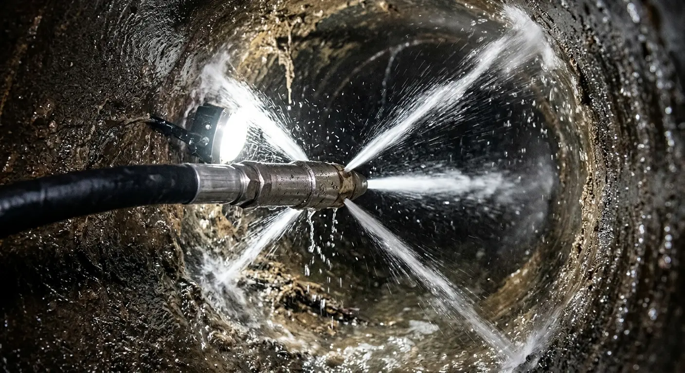 High-pressure hydro jetting nozzle cleaning sewer pipe for Trenchless Sewer Repair in East Ridge