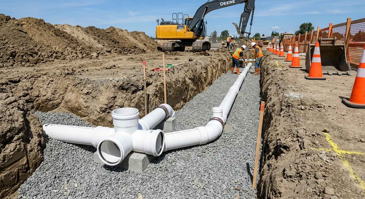 New PVC sewer pipe installation in open trench for Commercial Drain Cleaning in East Ridge