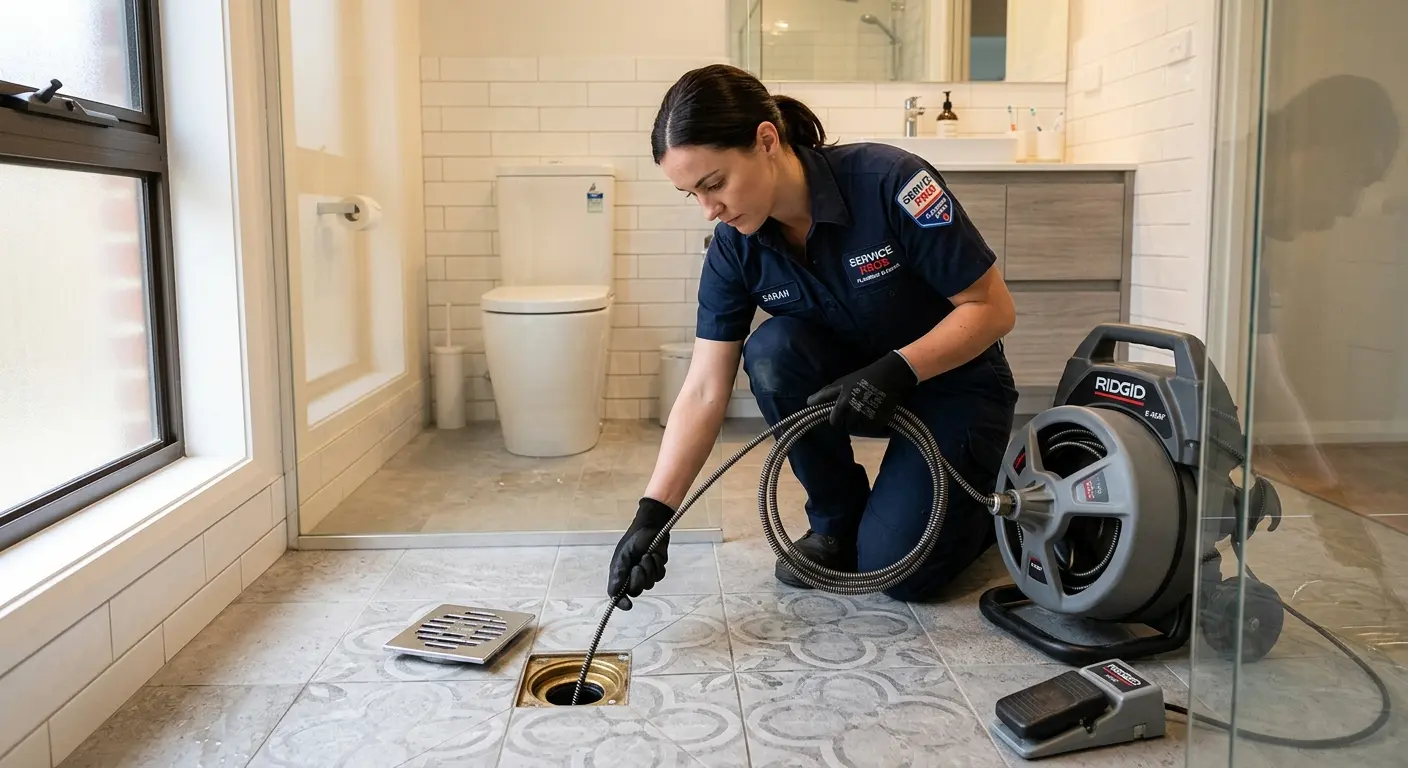 Technician clearing a bathroom floor drain for Clogged Drain Repair in East Ridge